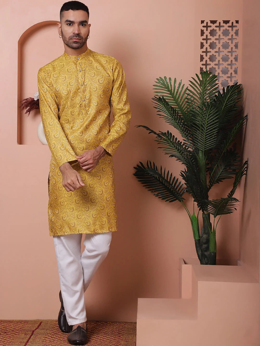 Yellow Silk Blend Men's Kurta - Indian Kurta for Men