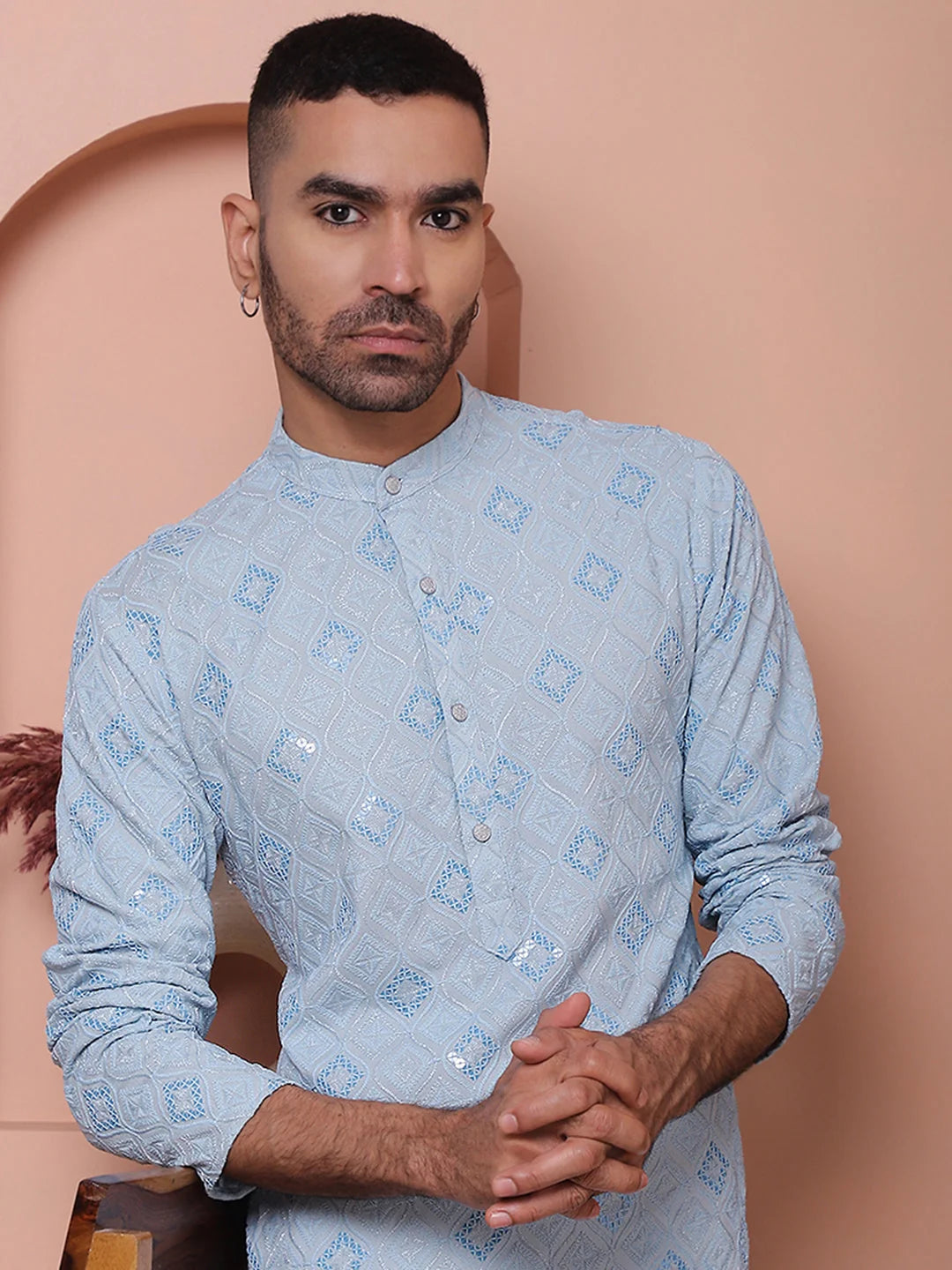 Men's Sequins and Embroidered Kurtas-KO-5072Blue