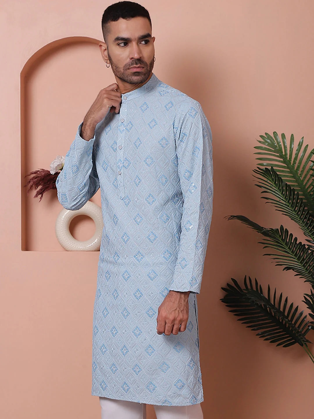 Men's Blue Embroidered Kurta - Indian Kurta for Men