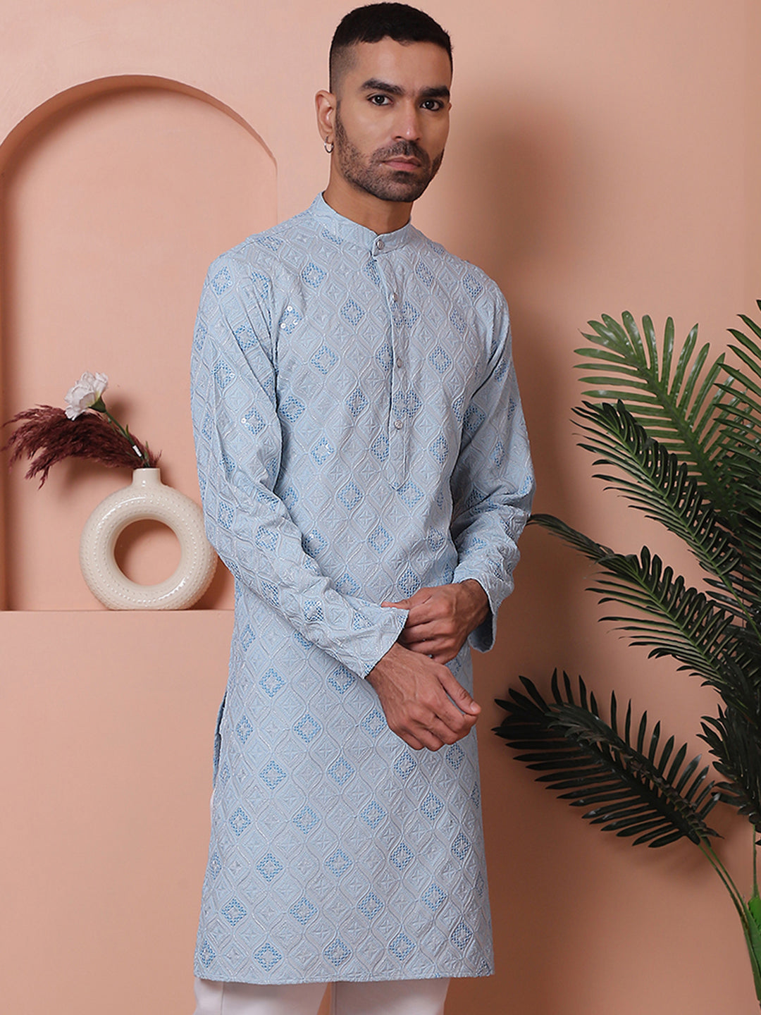 Men's Blue Embroidered Kurta - Indian Kurta for Men