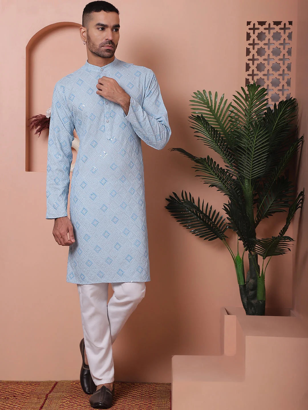 Men's Blue Embroidered Kurta - Indian Kurta for Men