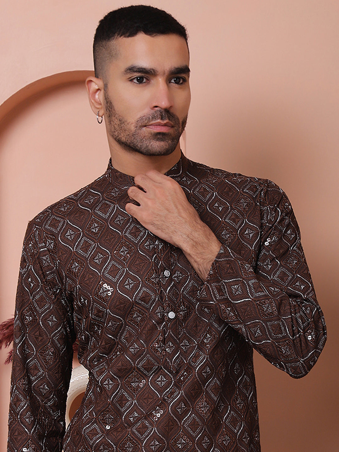 Men's Sequins and Embroidered Kurtas-KO-5072Coffee