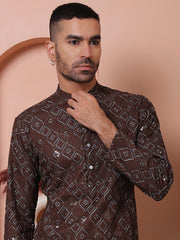 Men's Sequins and Embroidered Kurtas-KO-5072Coffee