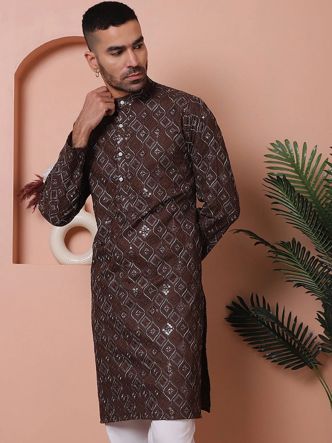 Coffee Embroidered Mens Kurta | Indian Kurta for Men