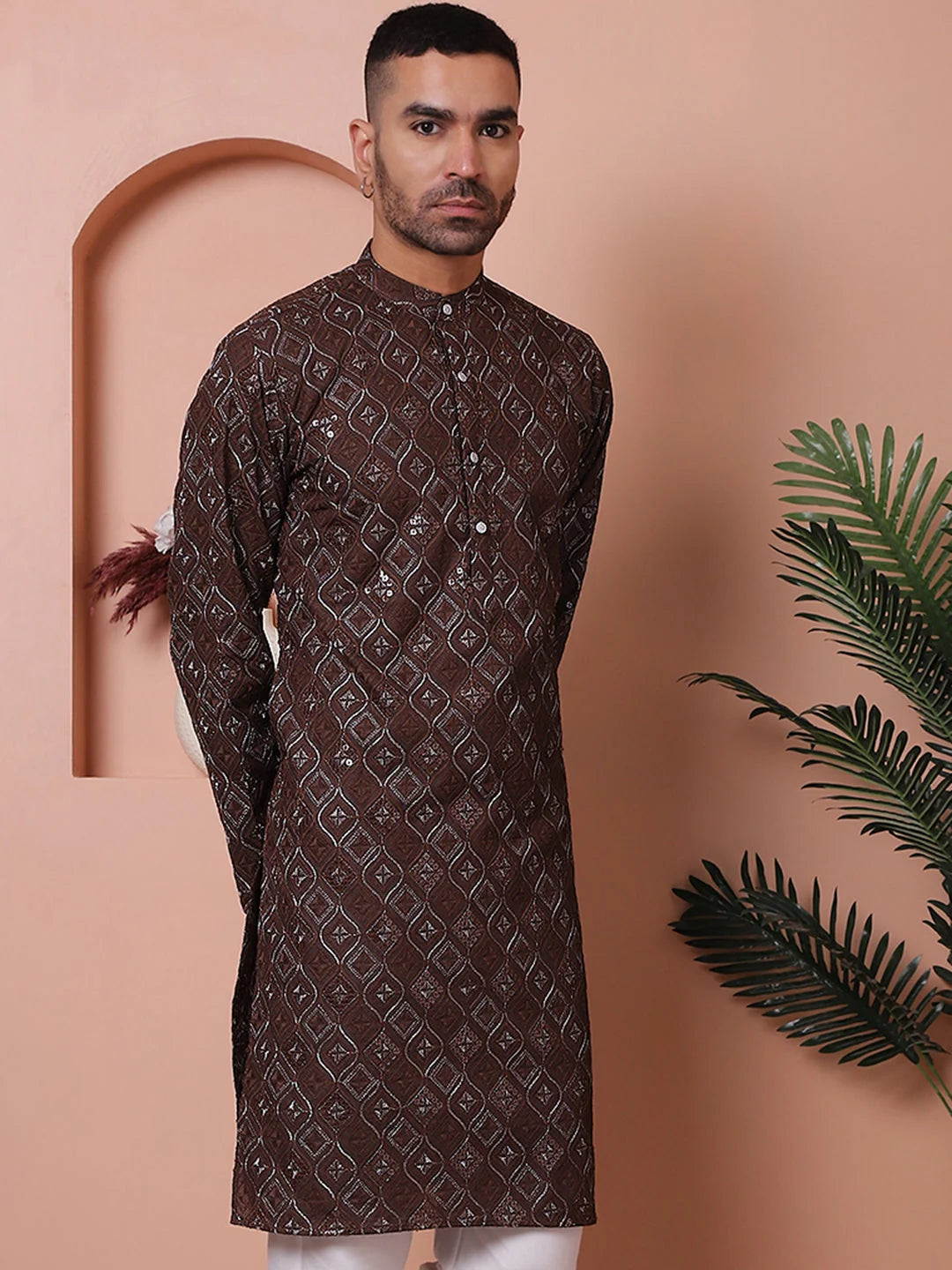 Coffee Embroidered Mens Kurta | Indian Kurta for Men