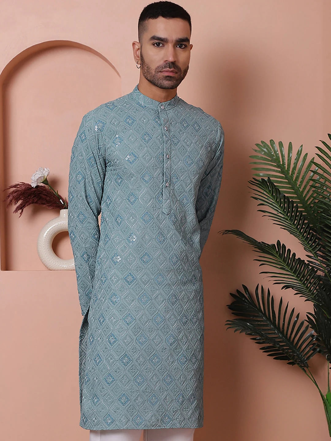 Grey Embroidered Mens Kurta | Indian Kurta for Men