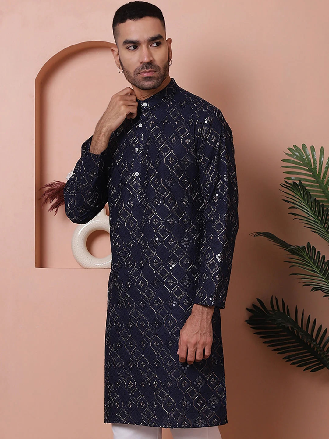 Navy Embroidered Mens Kurta | Indian Kurta for Men