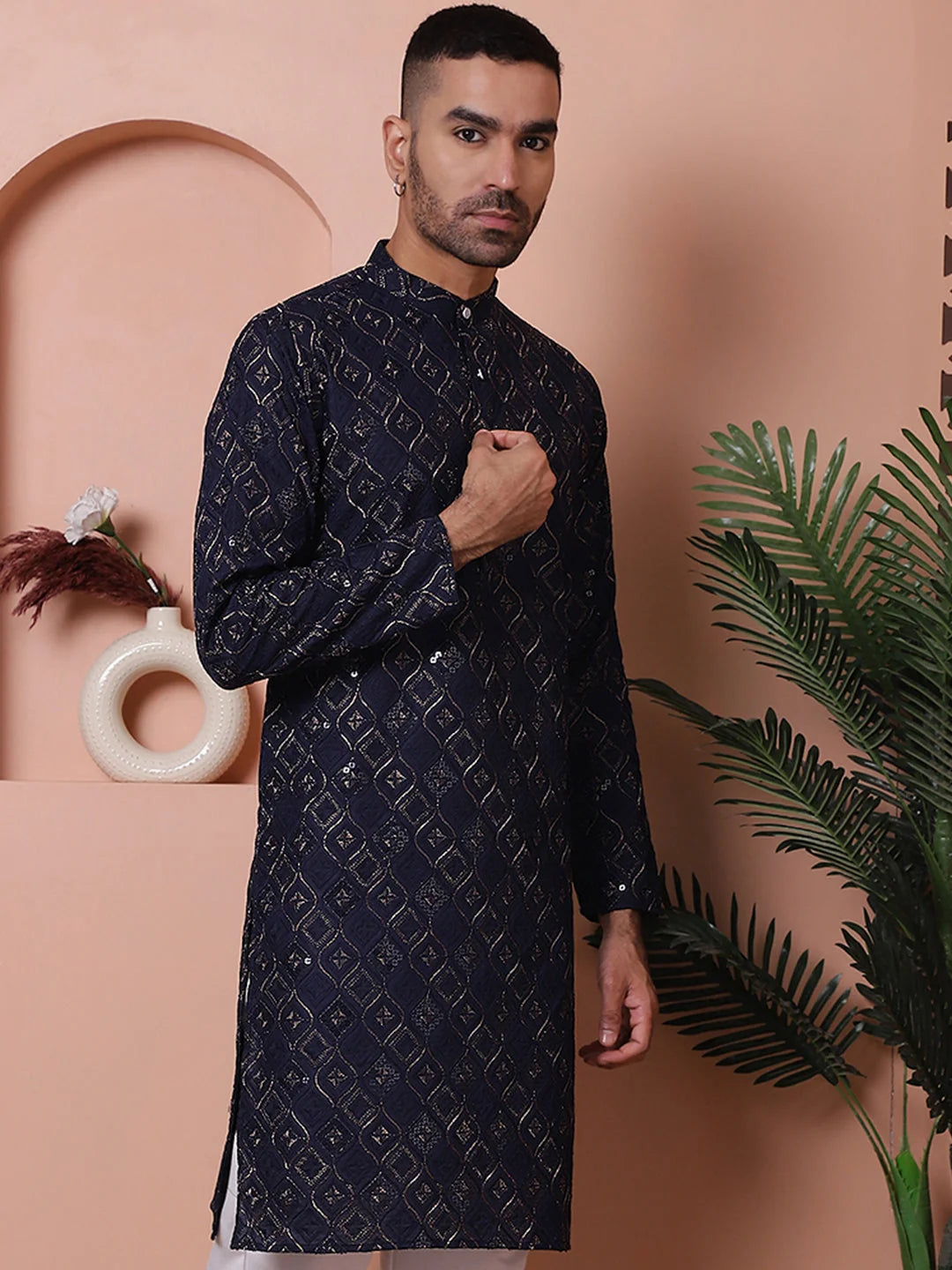 Navy Embroidered Mens Kurta | Indian Kurta for Men