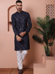 Men's Sequins and Embroidered Kurtas-KO-5072Navy
