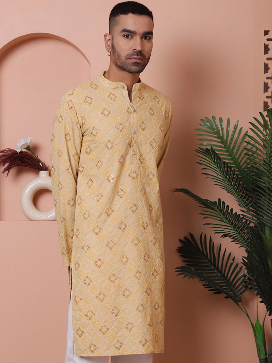 Yellow Embroidered Mens Kurta | Indian Kurta for Men