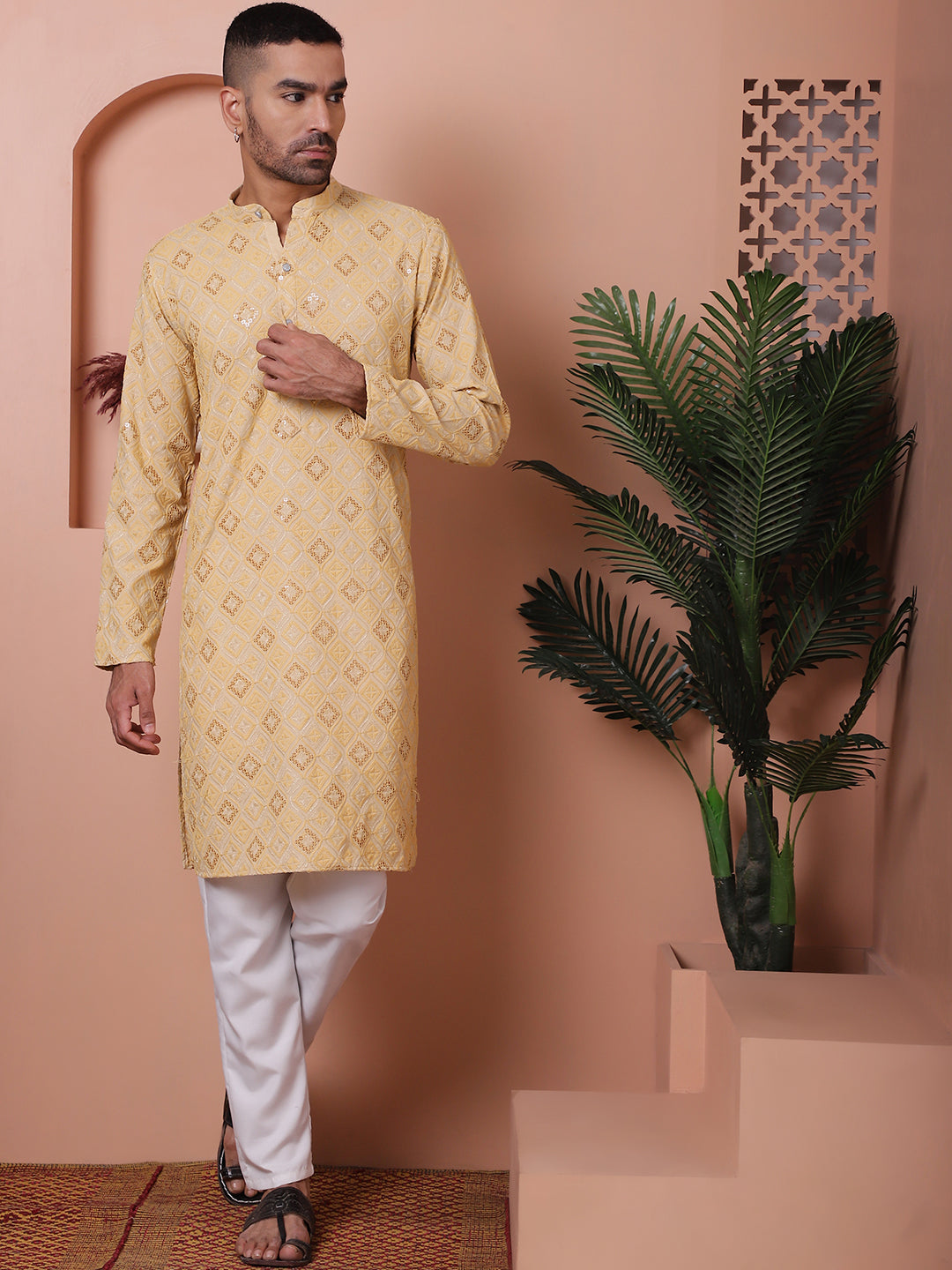 Yellow Embroidered Mens Kurta | Indian Kurta for Men