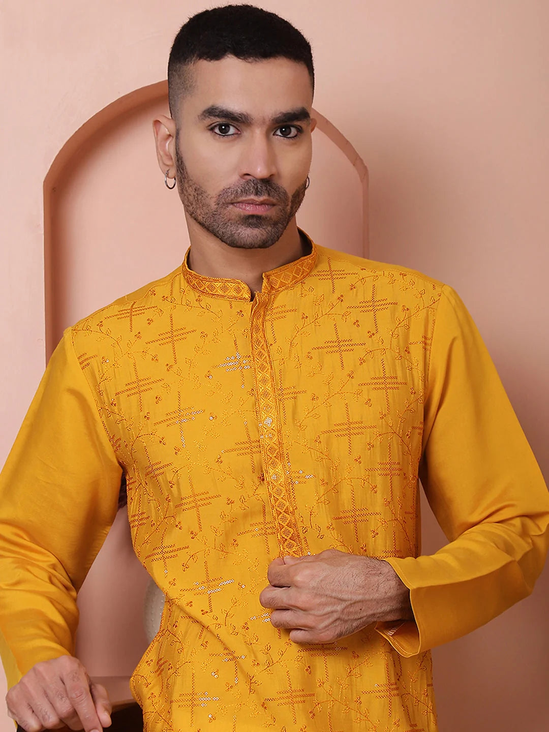Mustard Embroidered Mens Kurta | Indian Kurta for Men