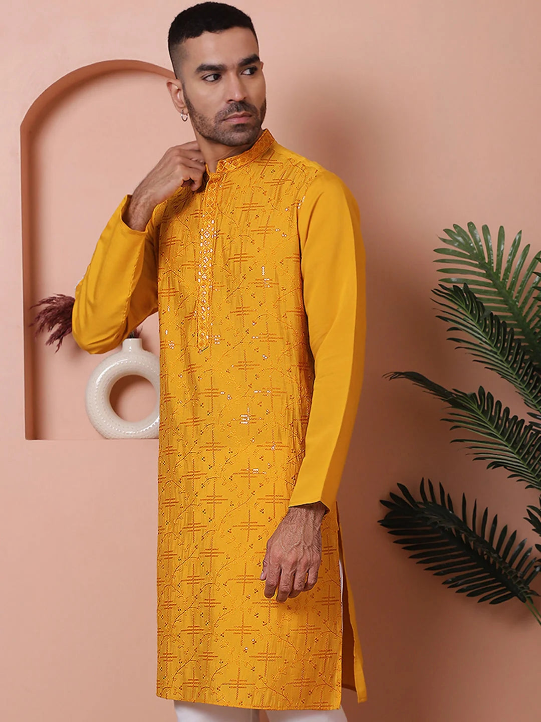 Mustard Embroidered Mens Kurta | Indian Kurta for Men