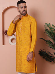 Men's Embroidered and Sequins Kurtas-KO-5073Mustard