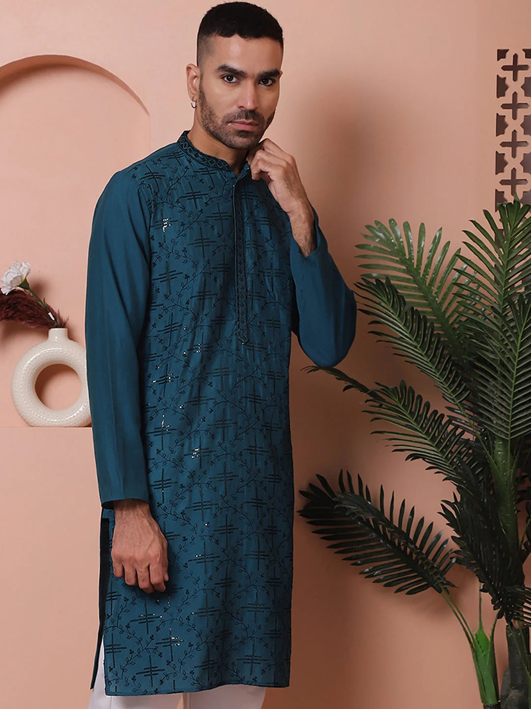 Peacock Embroidered Men's Kurta - Indian Kurta for Men