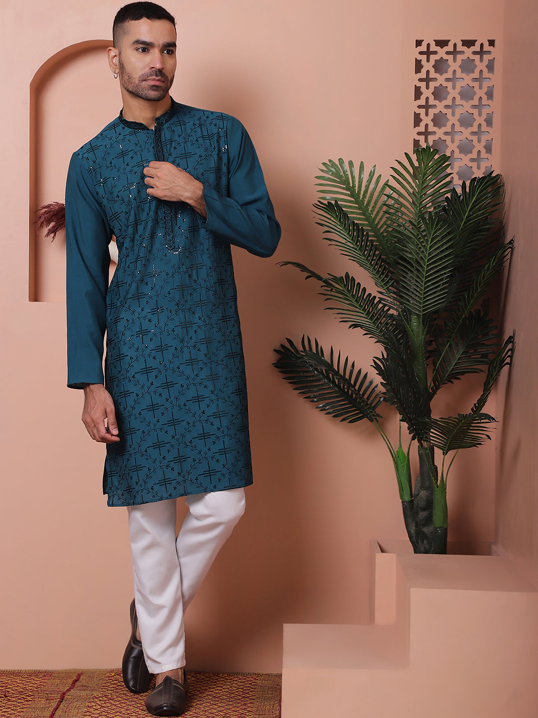Peacock Embroidered Men's Kurta - Indian Kurta for Men