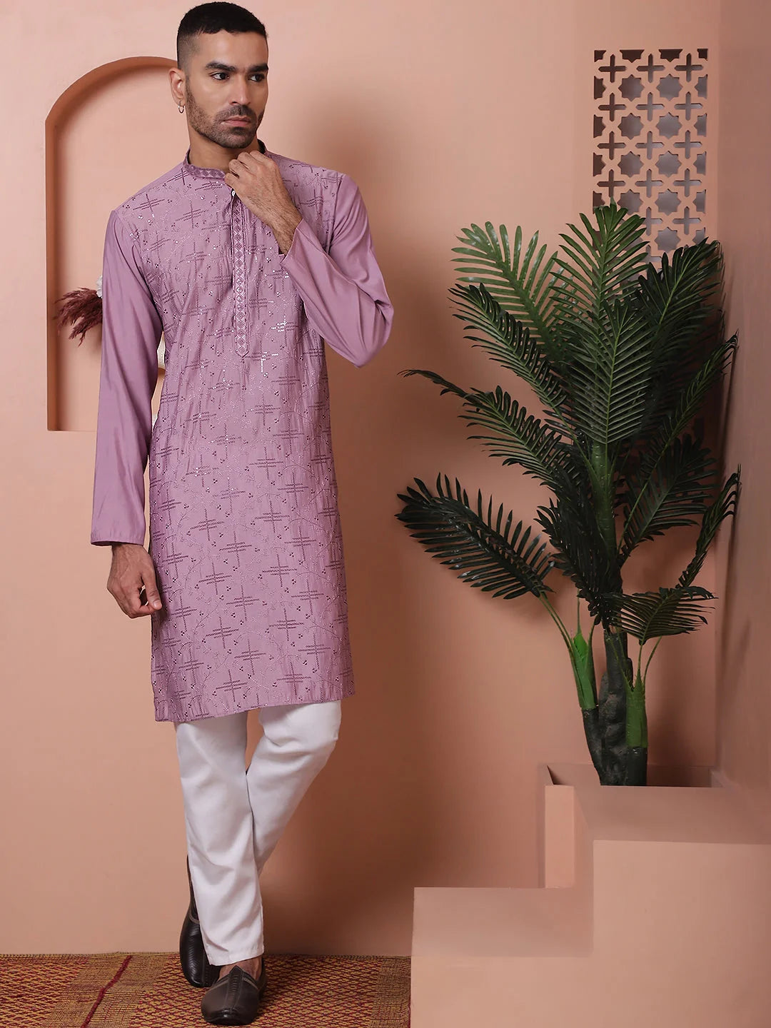 Purple Embroidered Men's Kurta - Indian Kurta for Weddings
