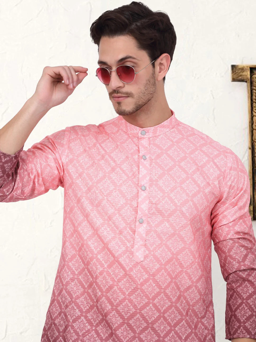 Men's Ombre Pure Cotton Straight Kurta-KO-5074Coral