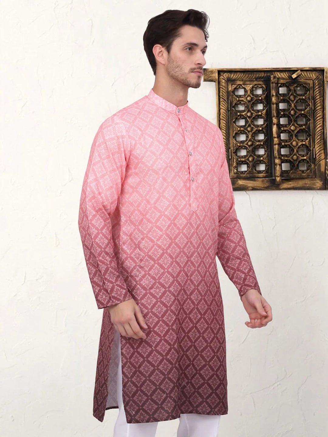 Men's Coral Floral Print Pure Cotton Indian Kurta