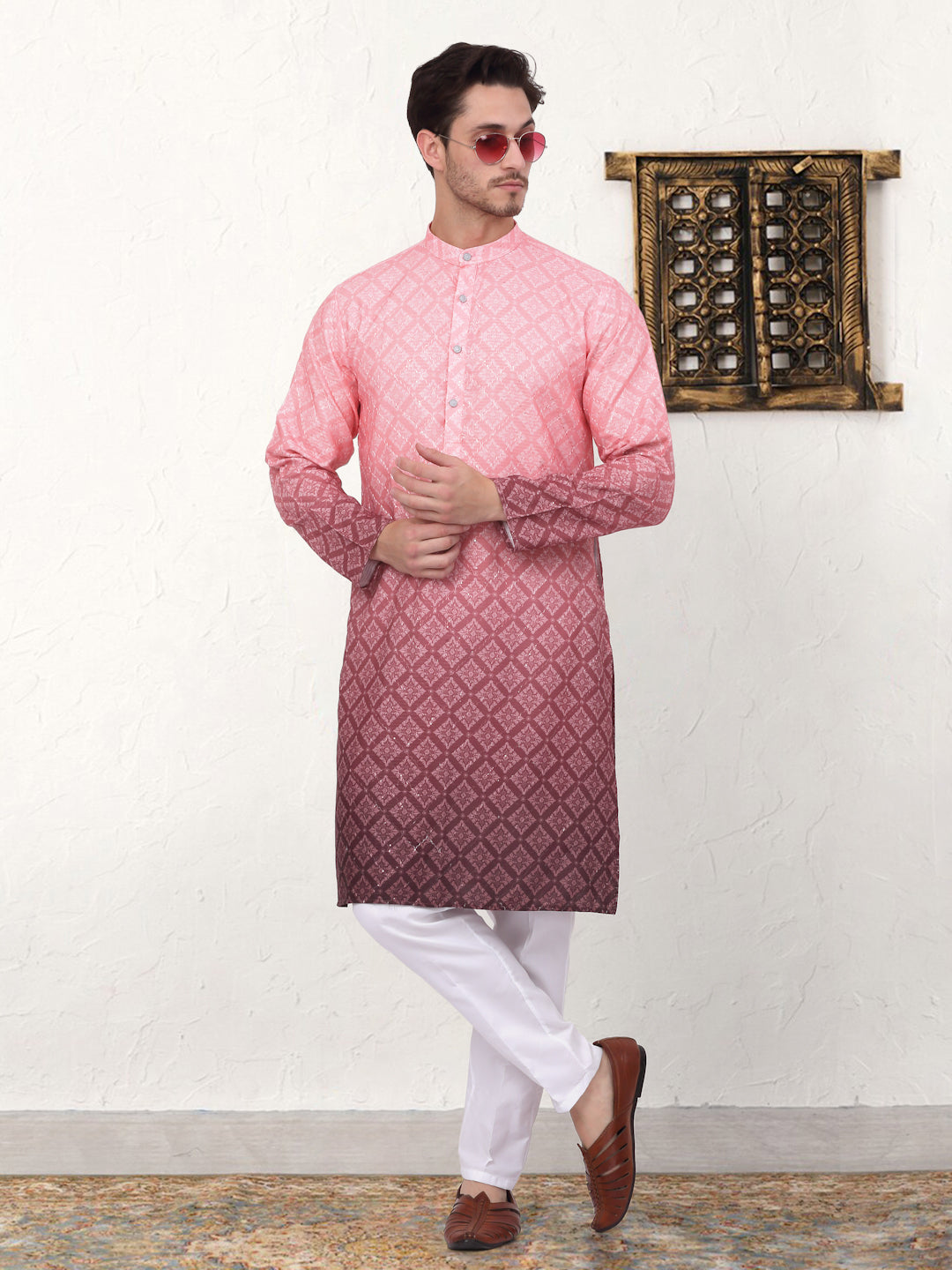 Men's Coral Floral Print Pure Cotton Indian Kurta