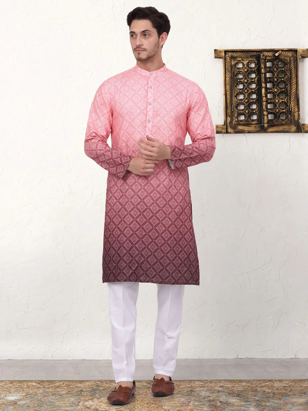 Men's Coral Floral Print Pure Cotton Indian Kurta