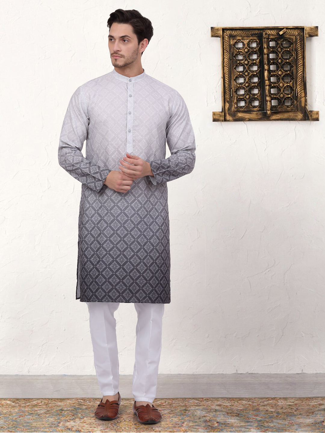 Grey Ombre Cotton Indian Kurta for Men - Mens Kurta Collection