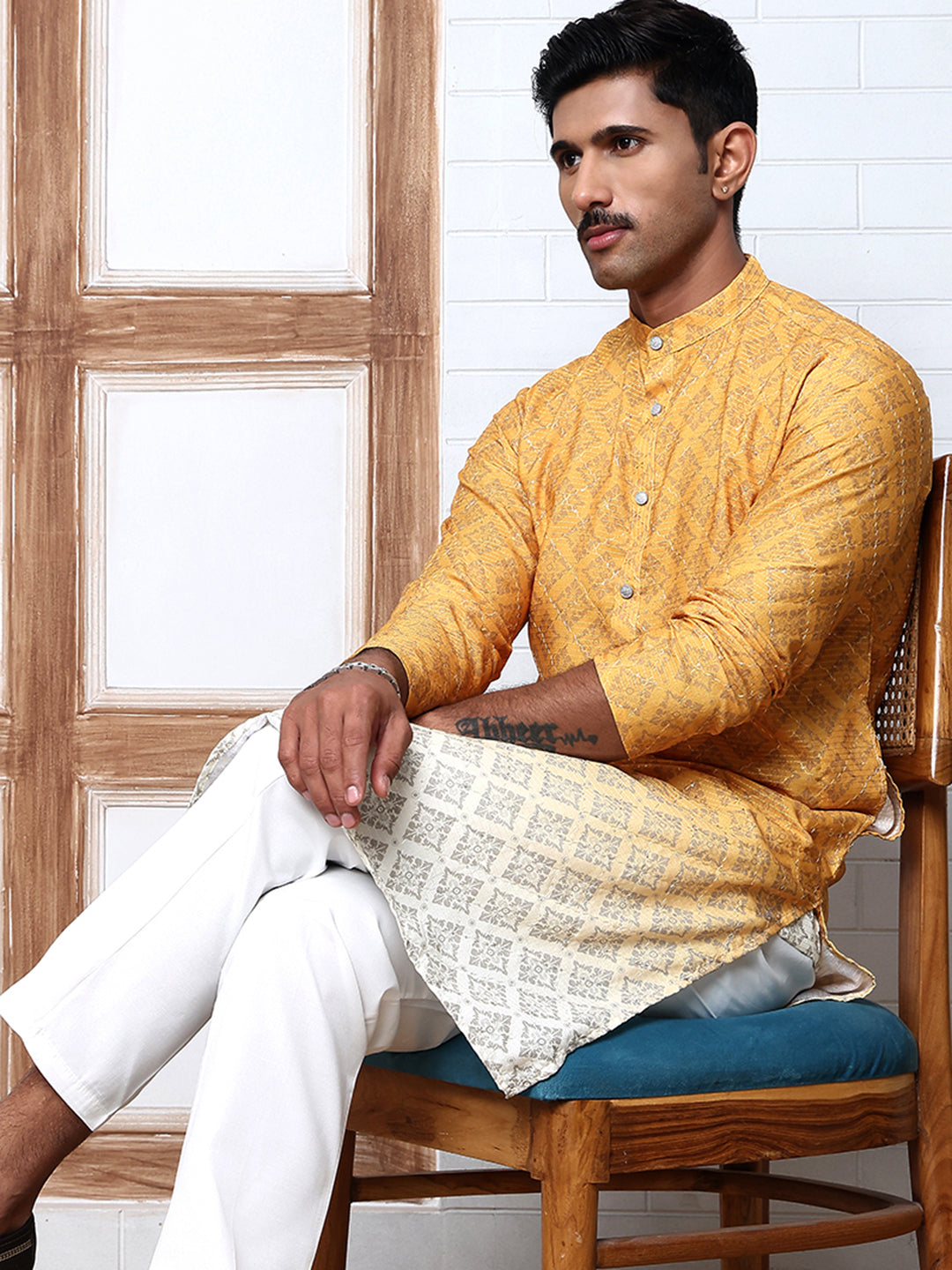 DesiQlo Men Printed Kurta Only - Yellow - KO_5074Mustard_S
