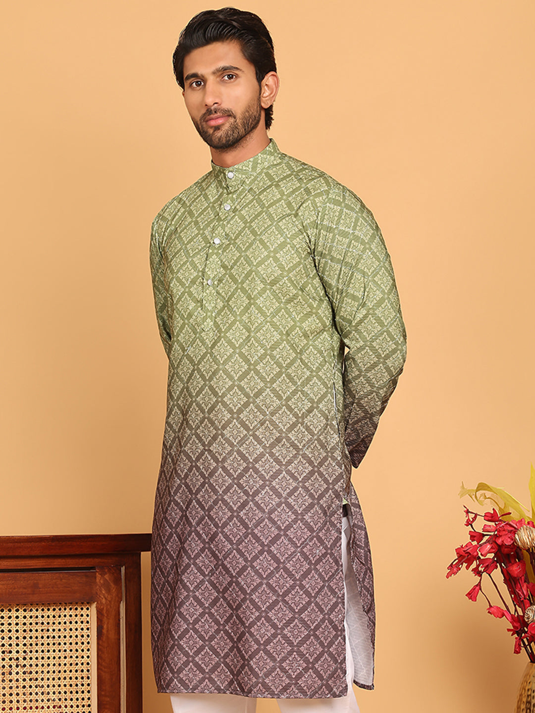 DesiQlo Men Printed Kurta Only - Green - KO_5074Olive_S