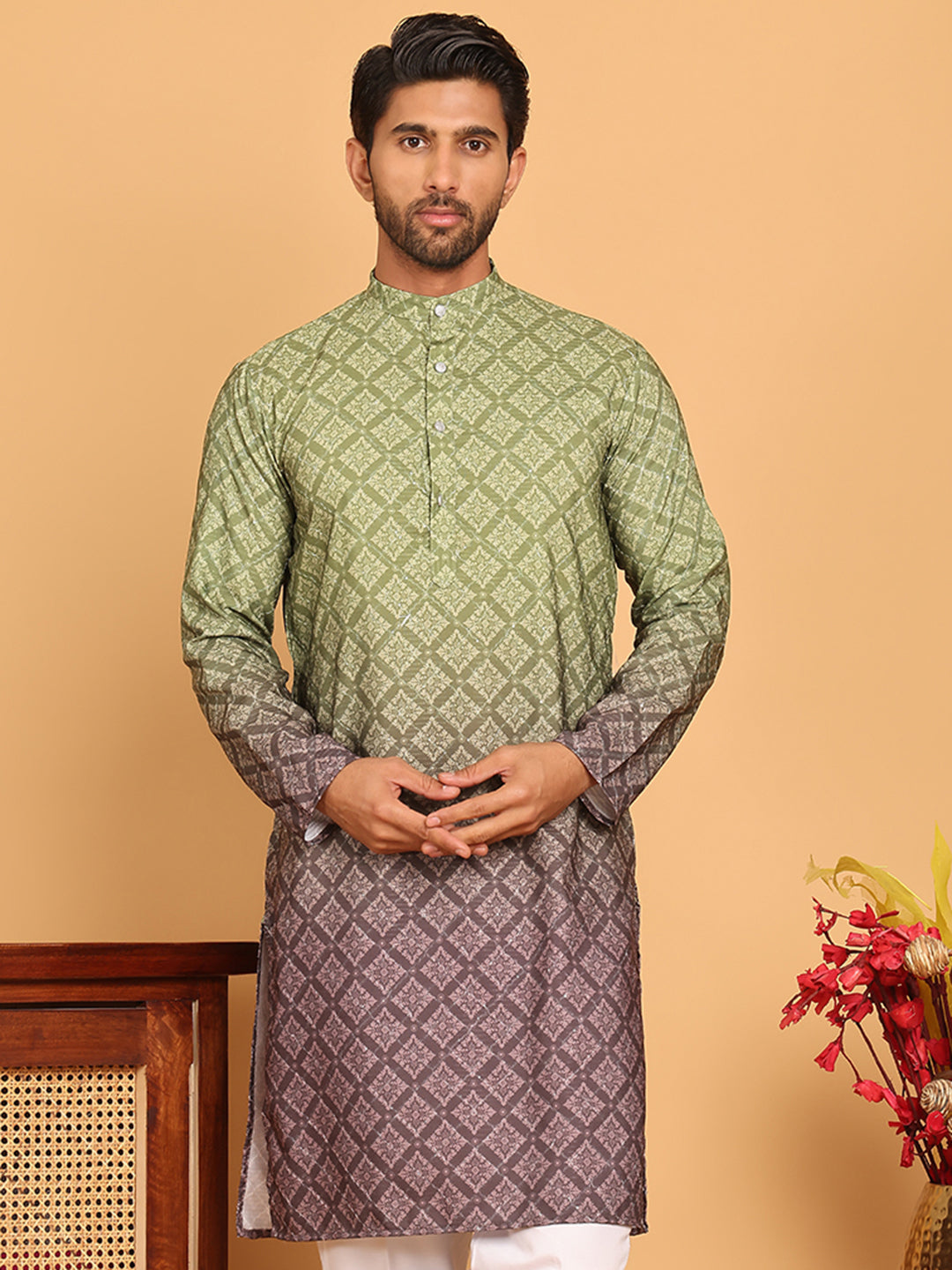 DesiQlo Men Printed Kurta Only - Green - KO_5074Olive_S