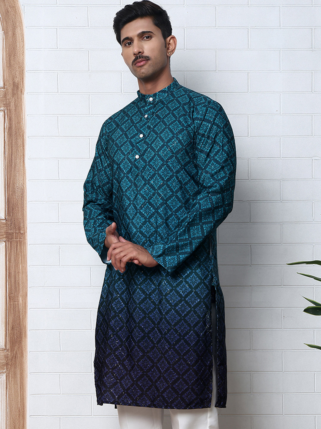 DesiQlo Men Printed Kurta Only - Green - KO_5074Teal_S