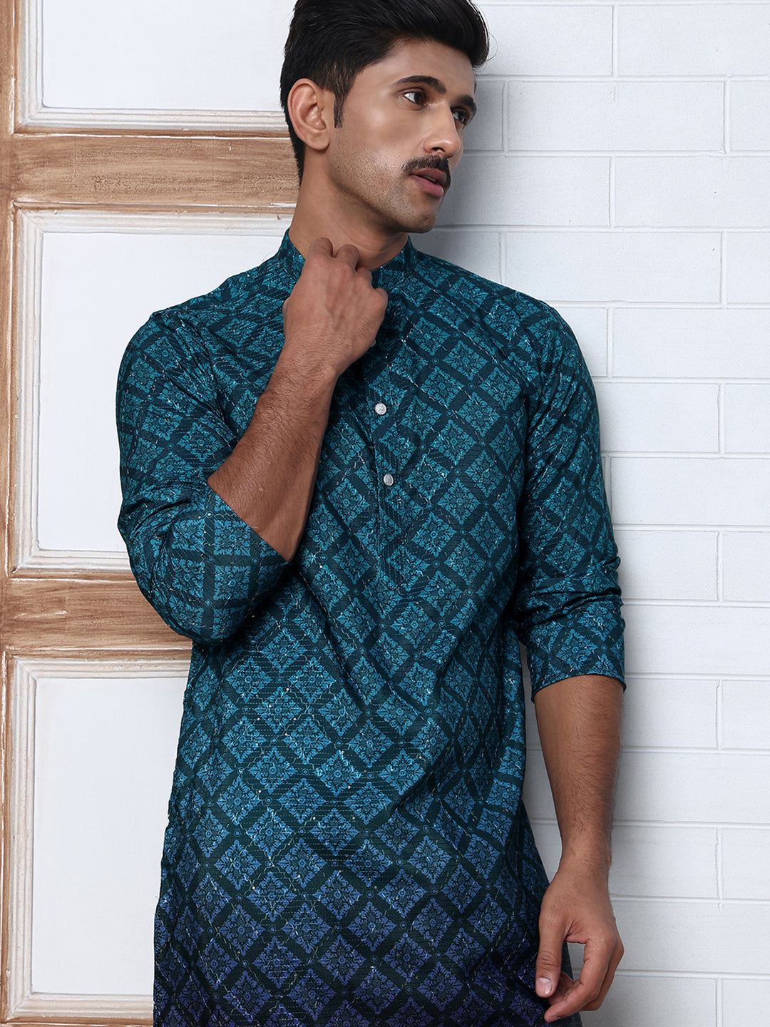 DesiQlo Men Printed Kurta Only - Green - KO_5074Teal_S