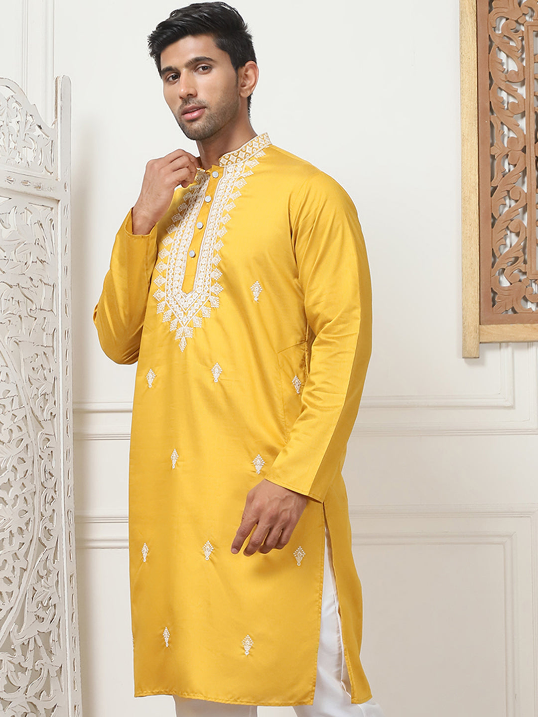 Mustard Embroidered Indian Kurta | Silk Kurta for Men