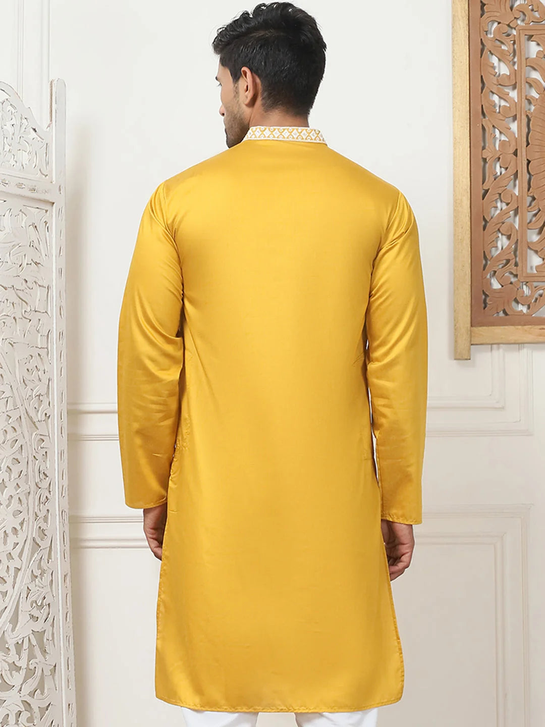 Mustard Embroidered Indian Kurta | Silk Kurta for Men