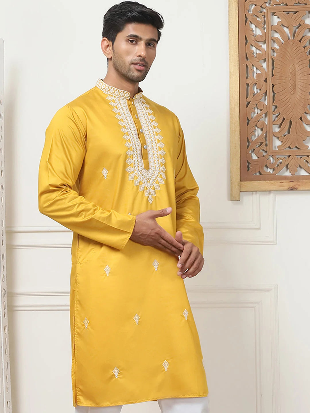 Mustard Embroidered Indian Kurta | Silk Kurta for Men