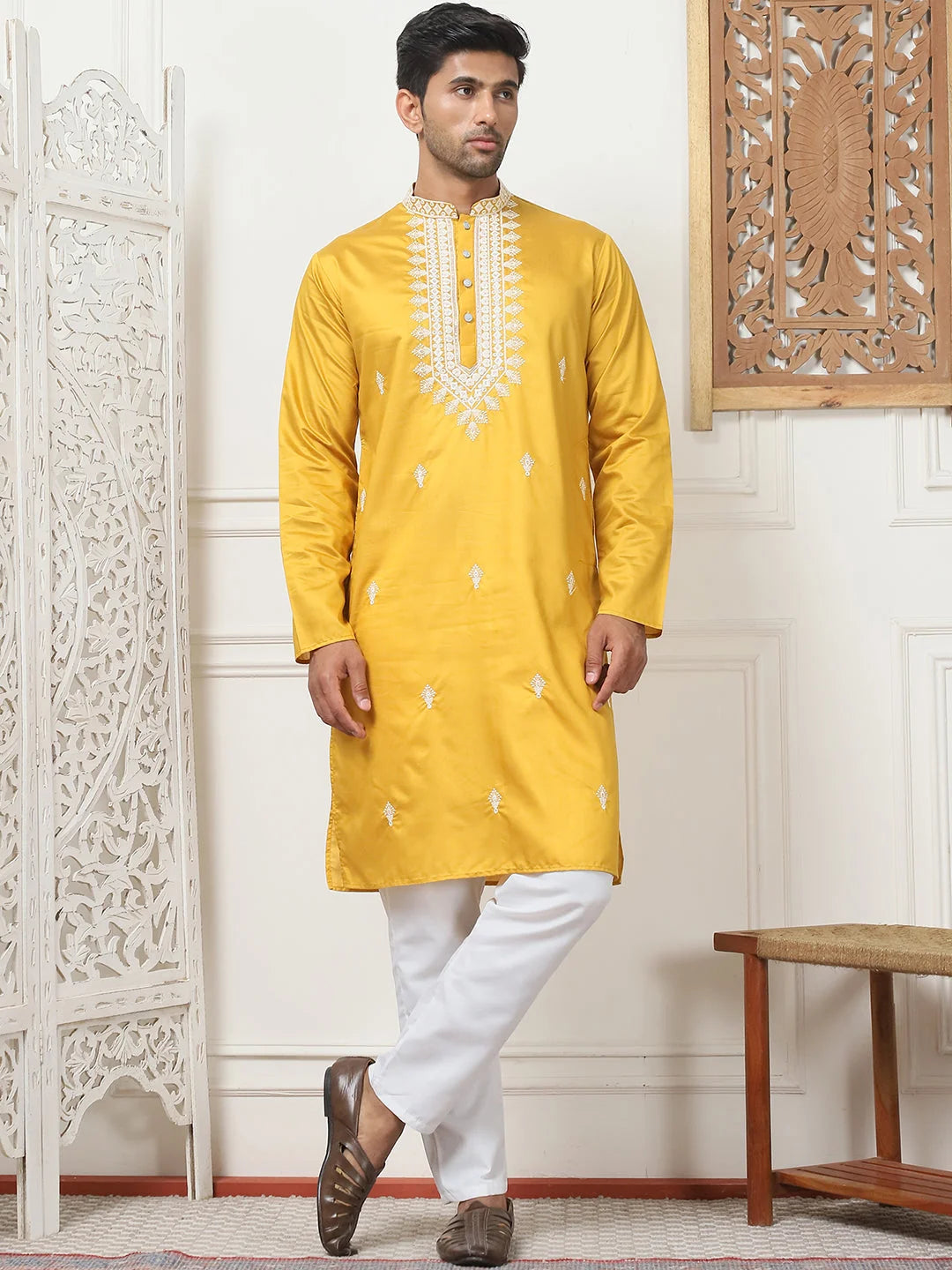 Mustard Embroidered Indian Kurta | Silk Kurta for Men