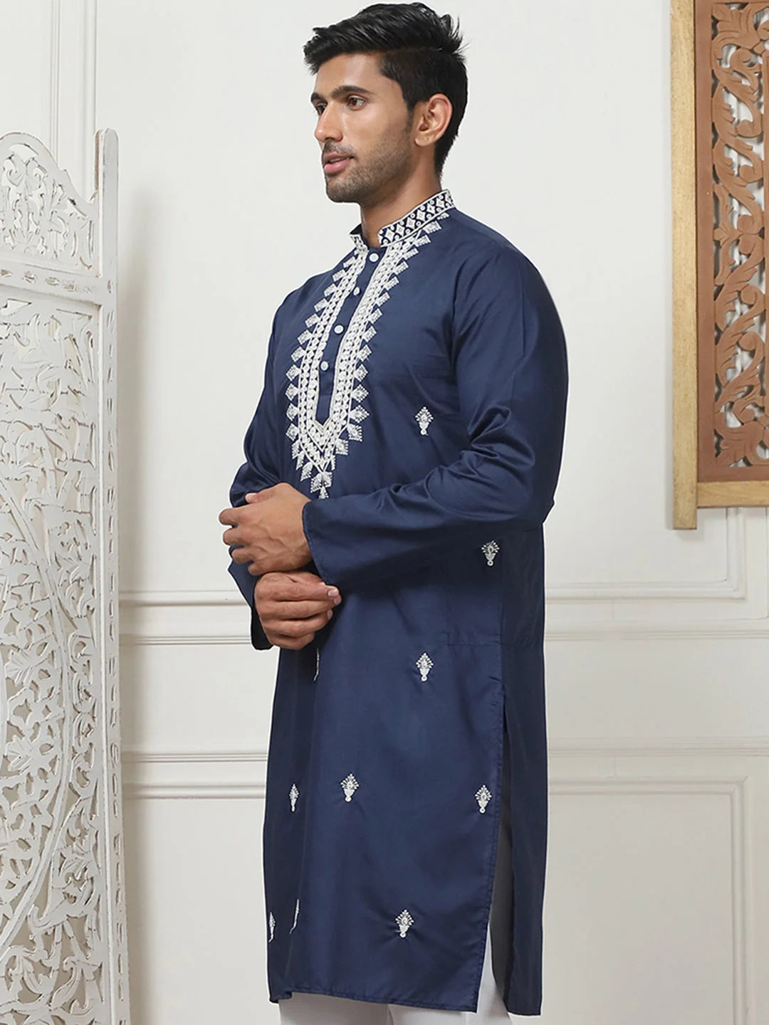 Trendy Navy Blue Embroidered Mens Kurta | Indian Kurta for Men