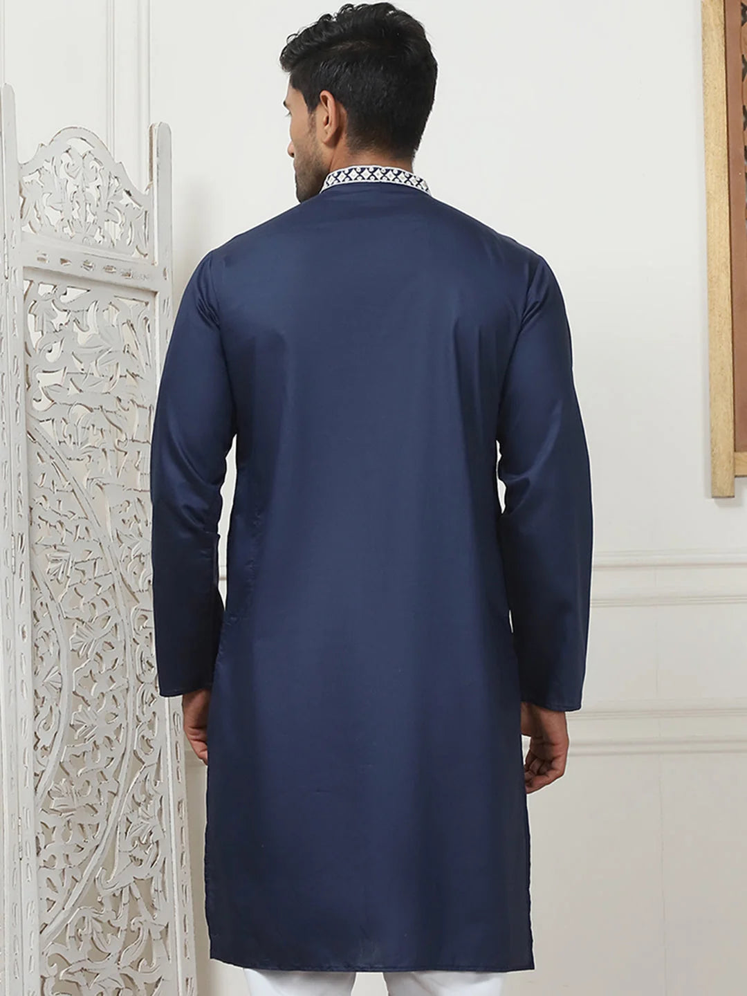 Trendy Navy Blue Embroidered Mens Kurta | Indian Kurta for Men