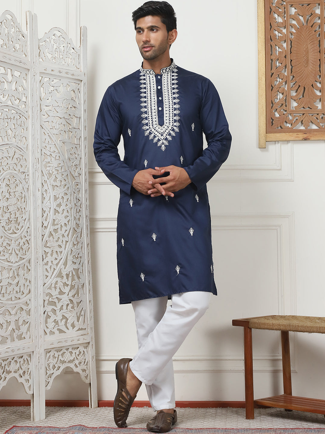 Trendy Navy Blue Embroidered Mens Kurta | Indian Kurta for Men