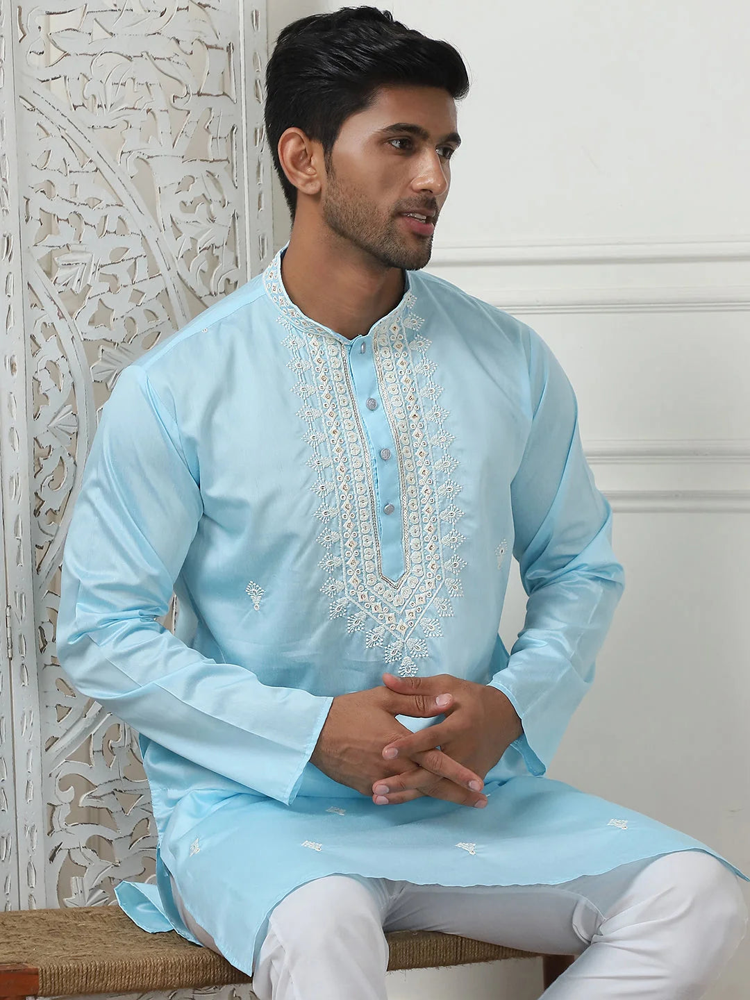 Sky Blue Embroidered Indian Kurta for Men | Mens Kurta