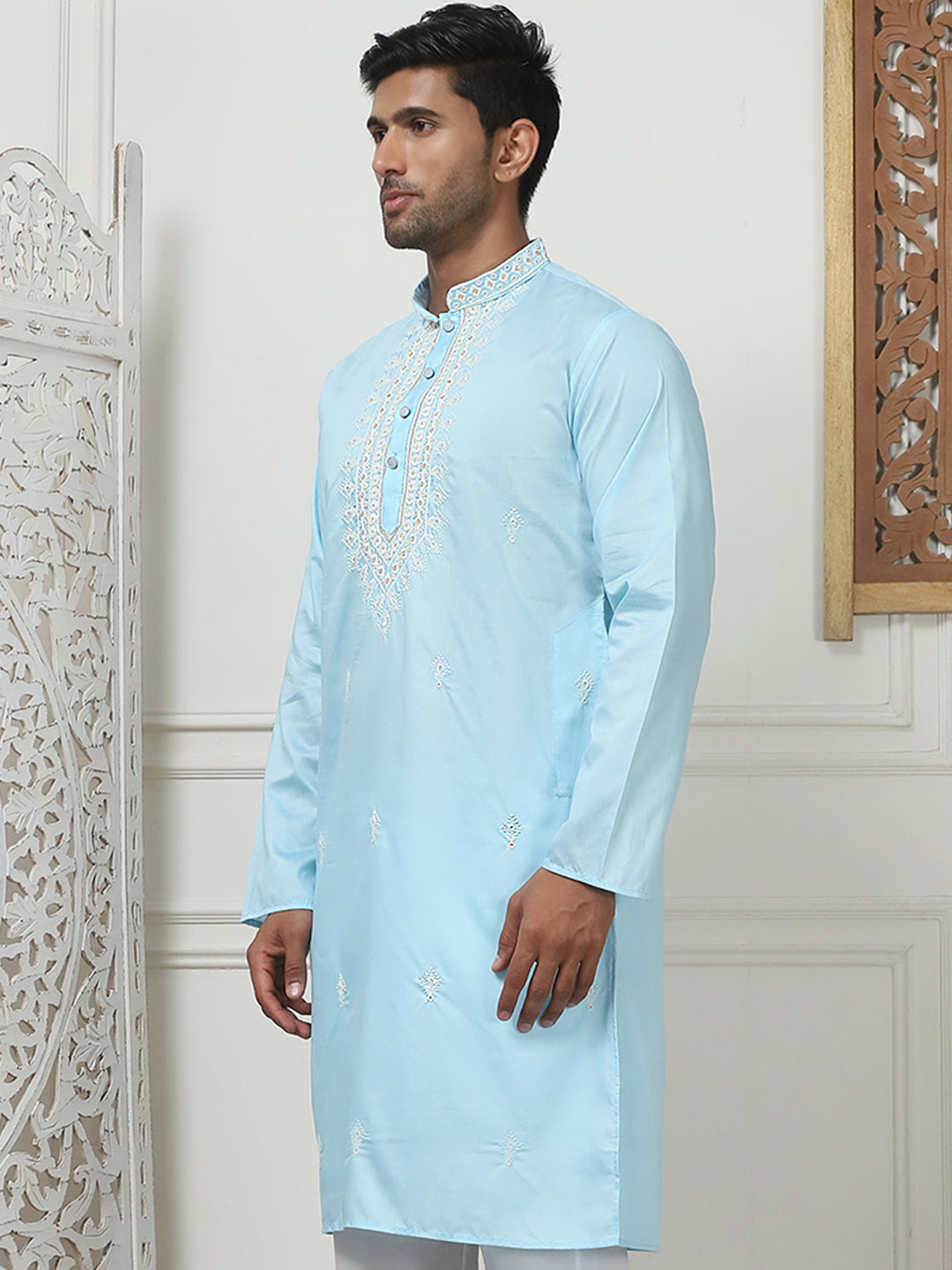 Sky Blue Embroidered Indian Kurta for Men | Mens Kurta