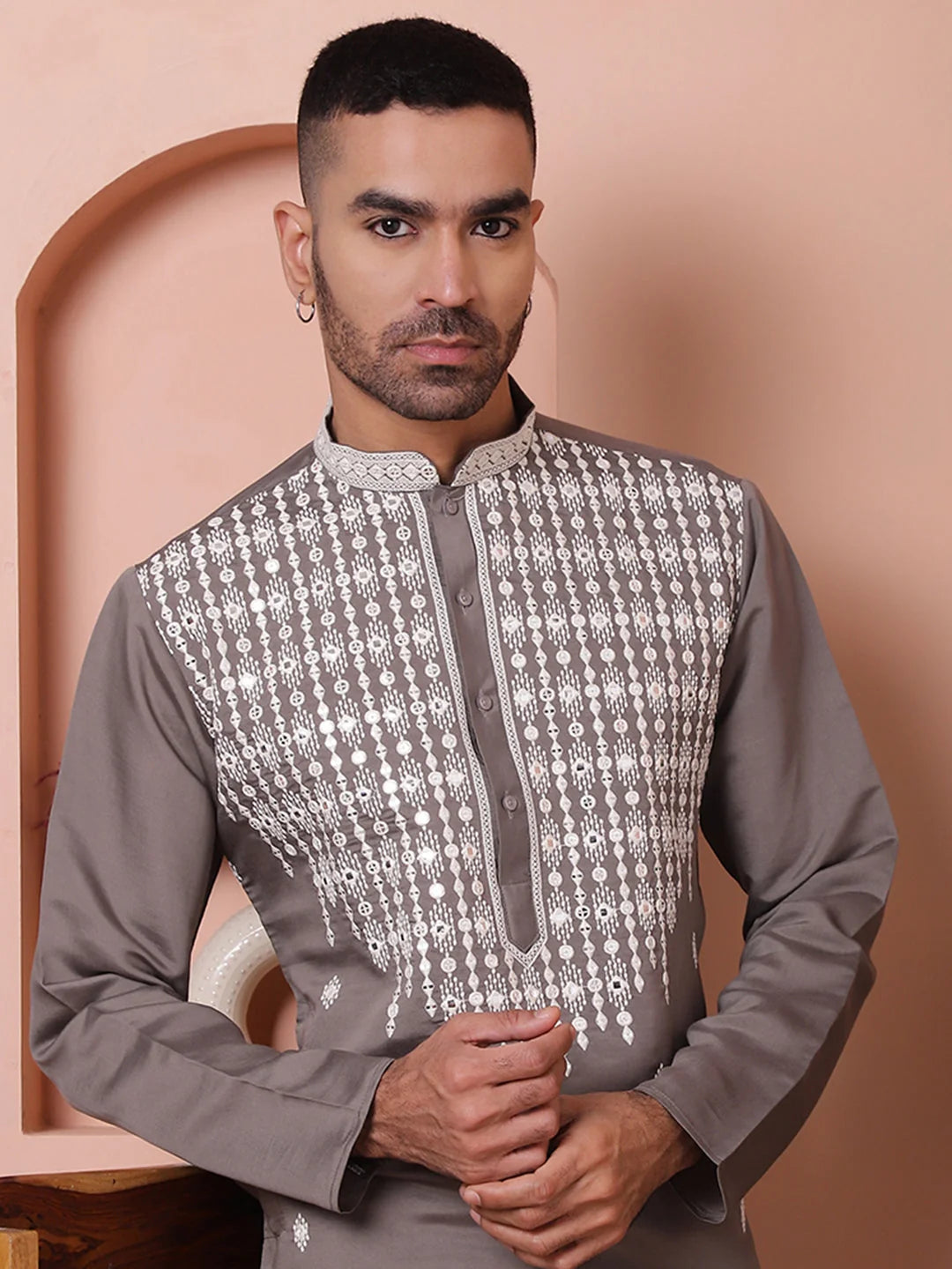 Grey Silk Kurta for Men - Embroidered Indian Wedding Kurta