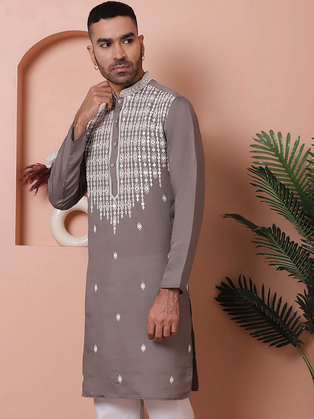 Grey Silk Kurta for Men - Embroidered Indian Wedding Kurta