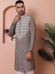 Grey Embroidered With Mirror Work Silk Kurta-KO-5076Grey