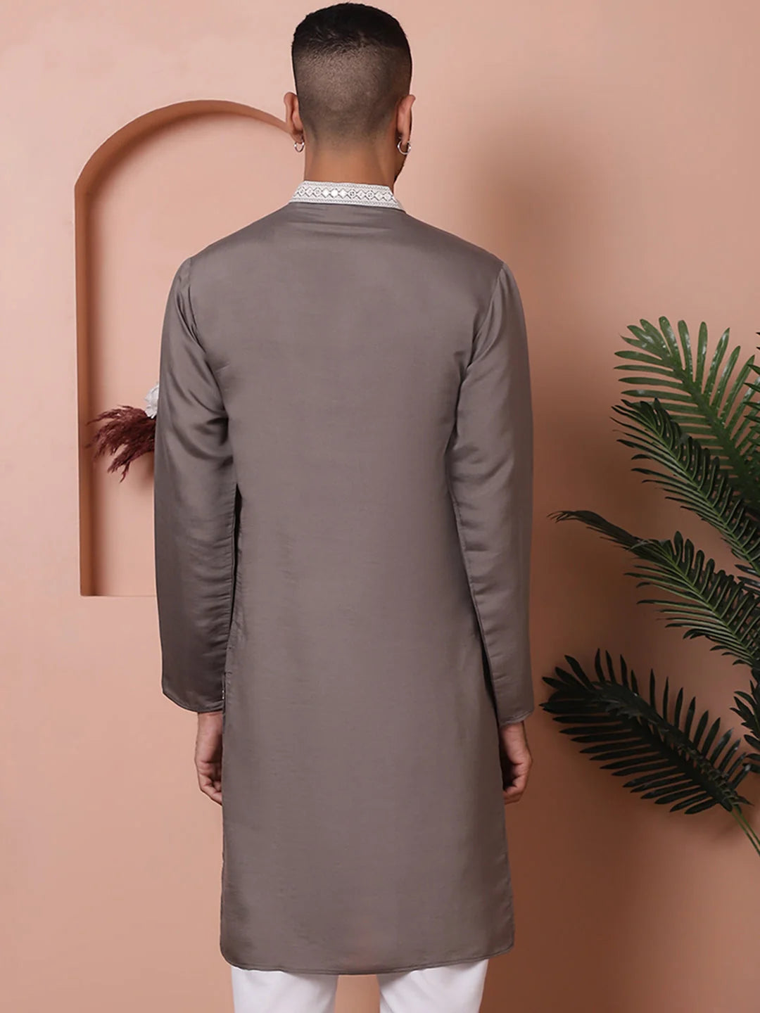 Grey Silk Kurta for Men - Embroidered Indian Wedding Kurta
