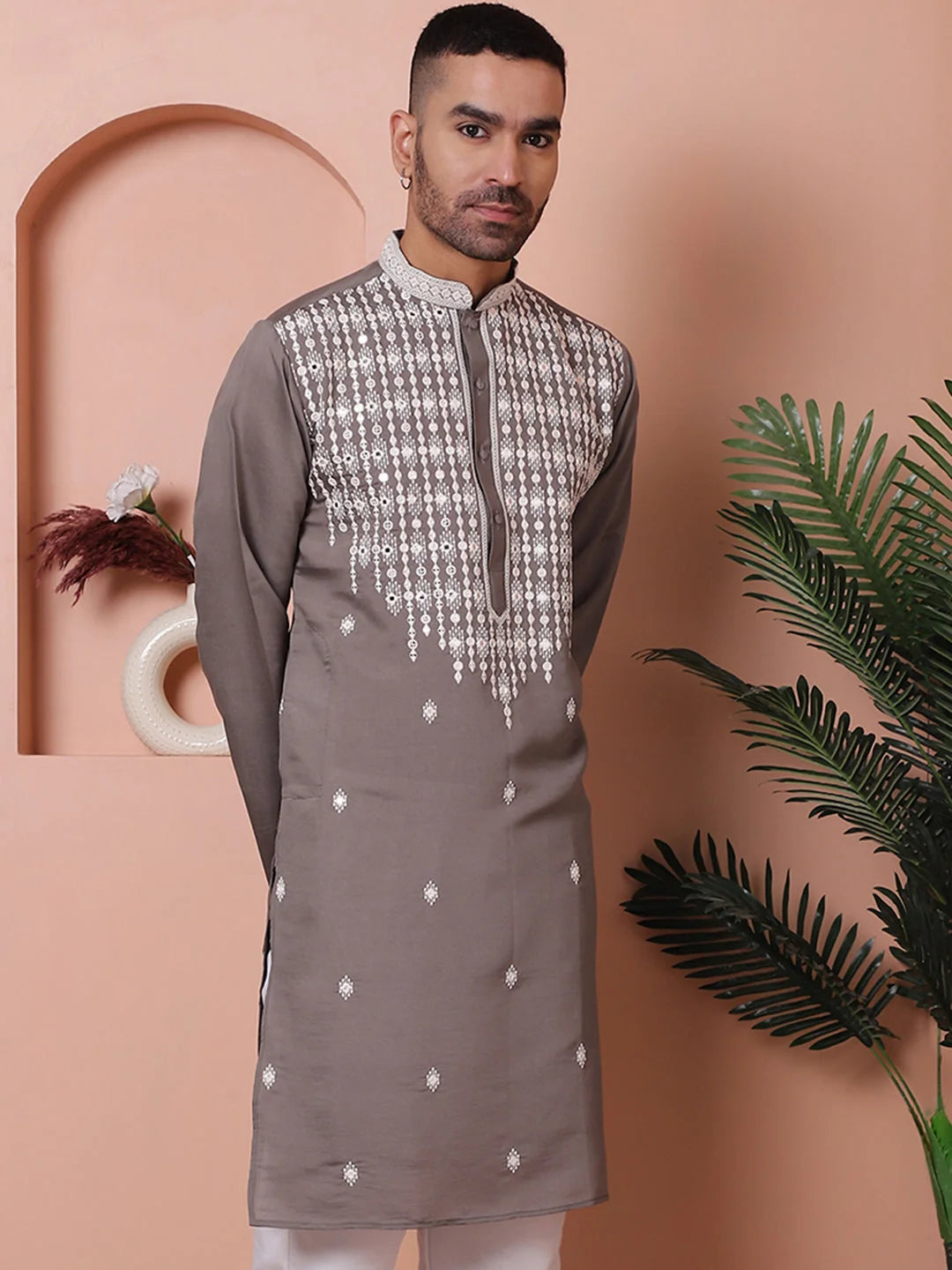 Grey Silk Kurta for Men - Embroidered Indian Wedding Kurta
