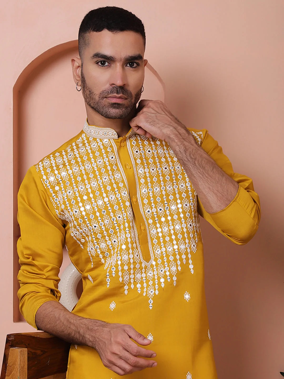 Mustard Silk Men's Kurta - Embroidered Indian Kurta Designs