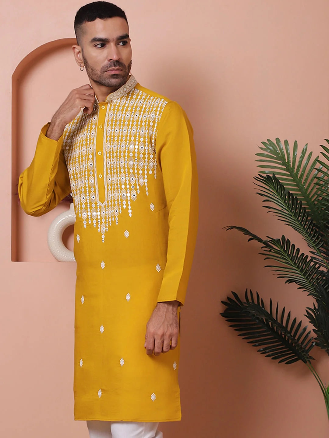 Mustard Silk Men's Kurta - Embroidered Indian Kurta Designs