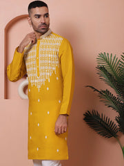 Mustard Embroidered With Mirror Work Silk Kurta-KO-5076Mustard