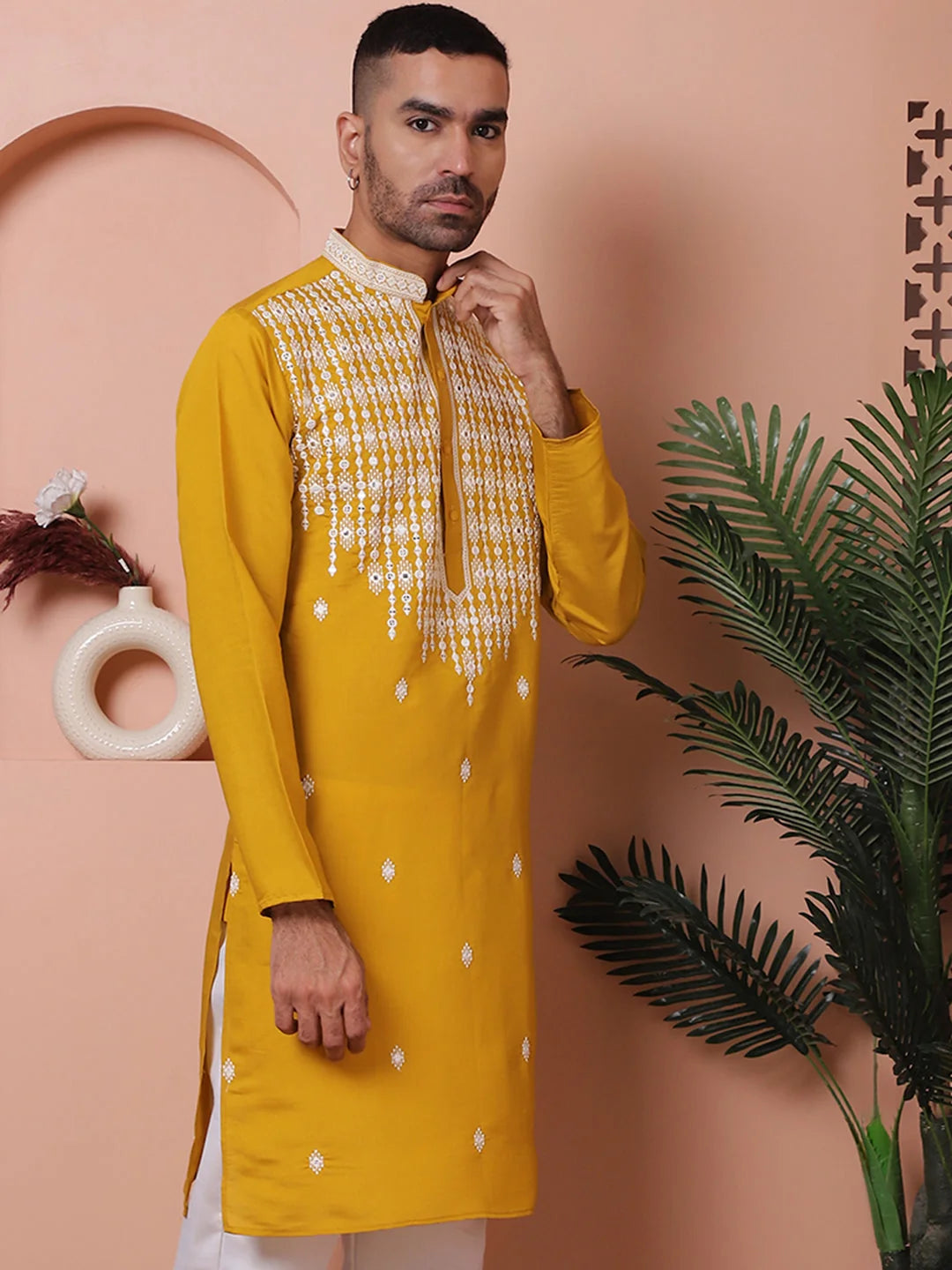 Mustard Silk Men's Kurta - Embroidered Indian Kurta Designs