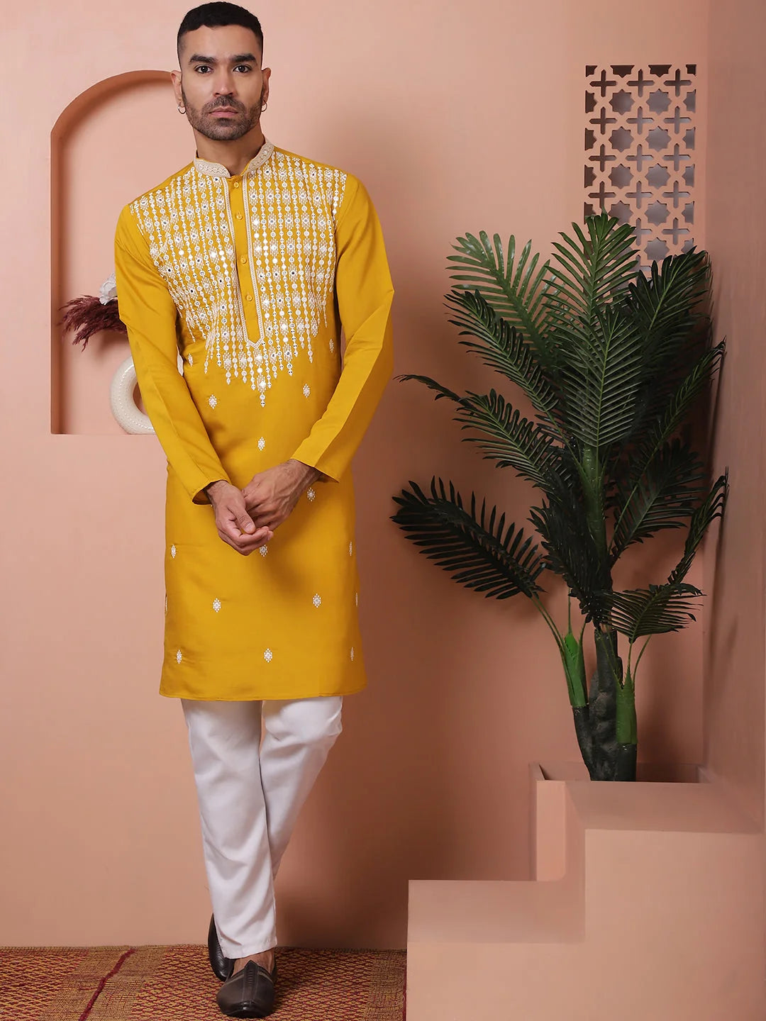 Mustard Silk Men's Kurta - Embroidered Indian Kurta Designs